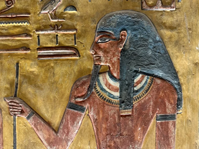 Ancient Egyptian wall relief of Seti within his tomb in Marsa Alam